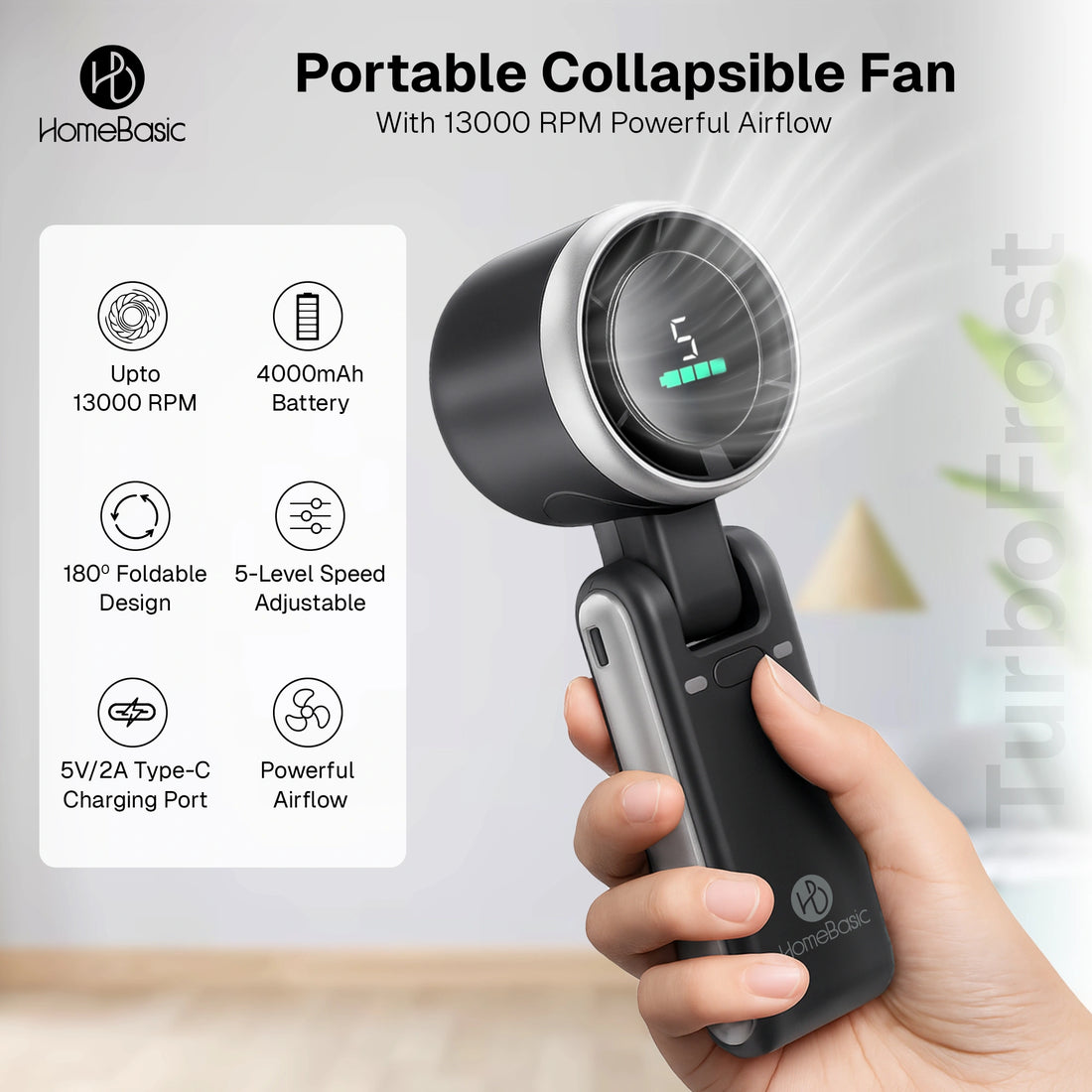 Pocket Turbo Handheld Fan shown folded and handheld with LED display
