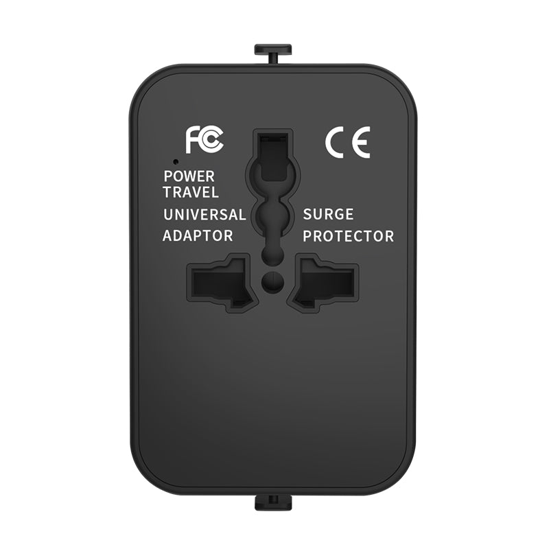 Compact Universal Travel Adapter in black - CE and FCC certified universal socket