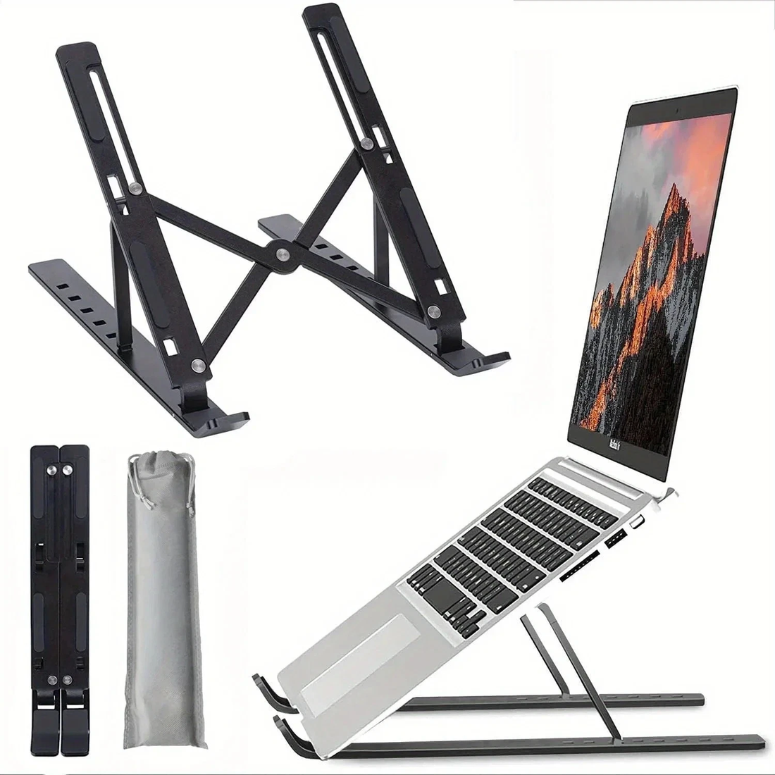 FoldFlat portable laptop stand - open, folded and with carry pouch