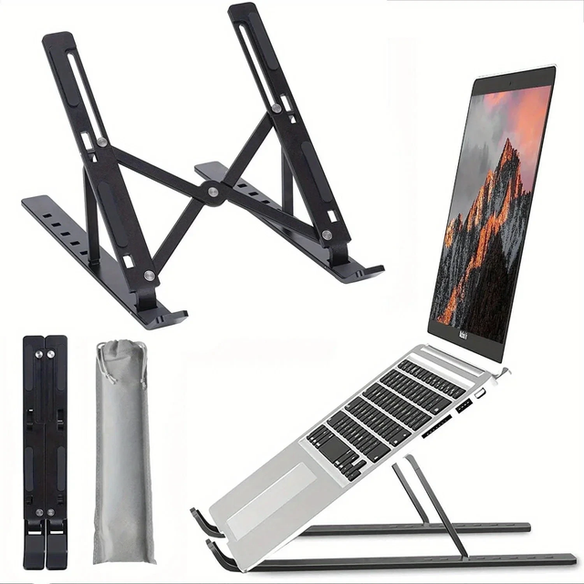 FoldFlat portable laptop stand - open, folded and with carry pouch